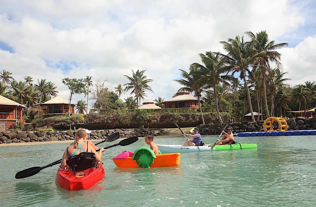 A family reunion gathering outdoors with lush greenery and ocean views.
